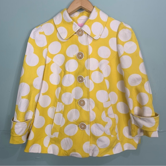 Lilly Pulitzer Blazer Jacket Circles Polka Dots White Yellow Button Size 6 - Picture 1 of 16